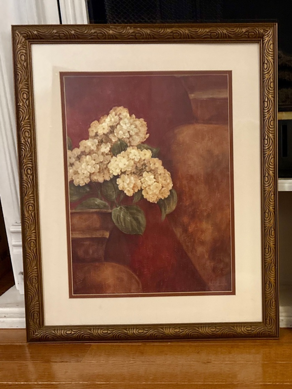 Framed Floral Hydrangea Art Print in Cream and Brown